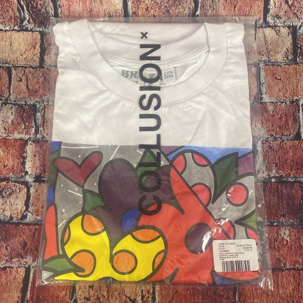 COLLUSION PLUS Licence T-shirt mini dress with Britto graphic print in white